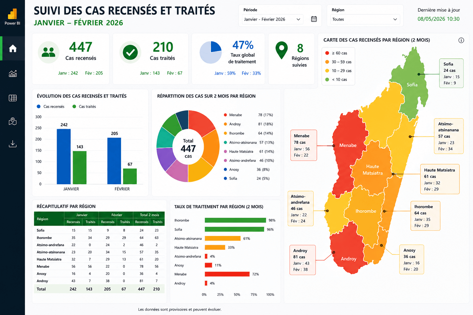 carte des cas recensés par région (2mois)